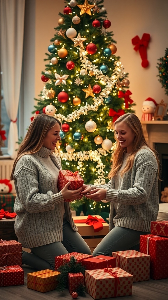 Two sisters joyfully exchanging gifts under a Christmas tree, surrounded by festive decorations.